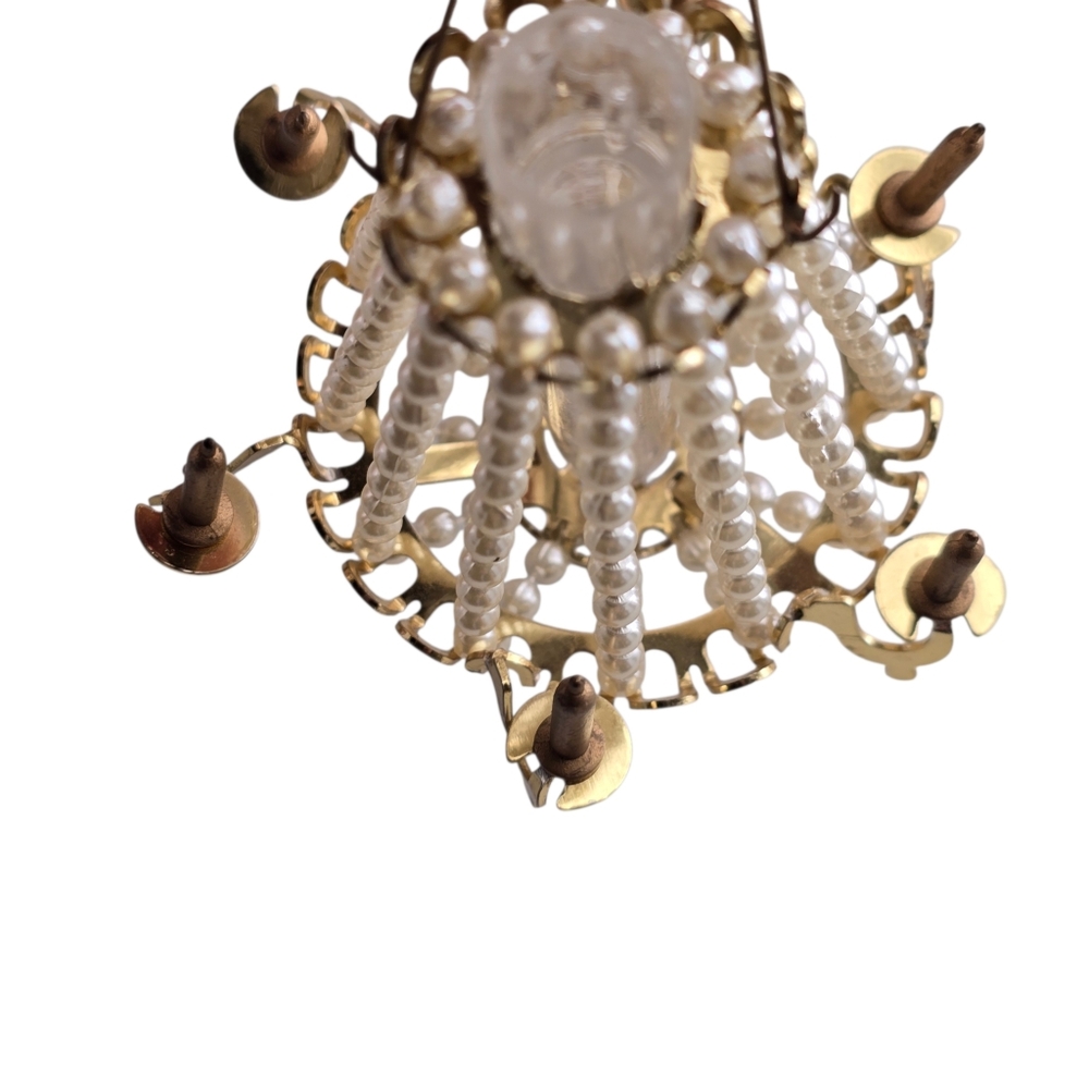 Mini Pearl Chandelier Ornament – Gold Tone & Crystal Drop – 4" Vintage Style - Picture 5 of 5